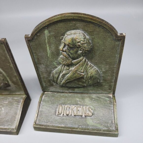 Vintage Pair 6" Tall Heavy Bronze Classic Literature Dickens & Whittier Bookends - Picture 3 of 7